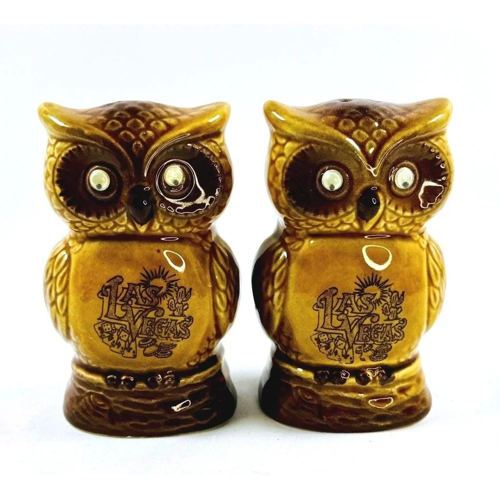 Vintage Las Vegas Ceramic Owl Salt and Pepper Shakers Japan Brown Glossy 4